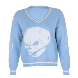 yesstyle sosana blue skull graphic print v-neck sweater ♡ nwt